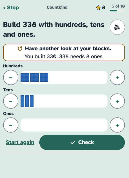 A Countkind practice screen: Build 338 with hundreds, tens and ones.